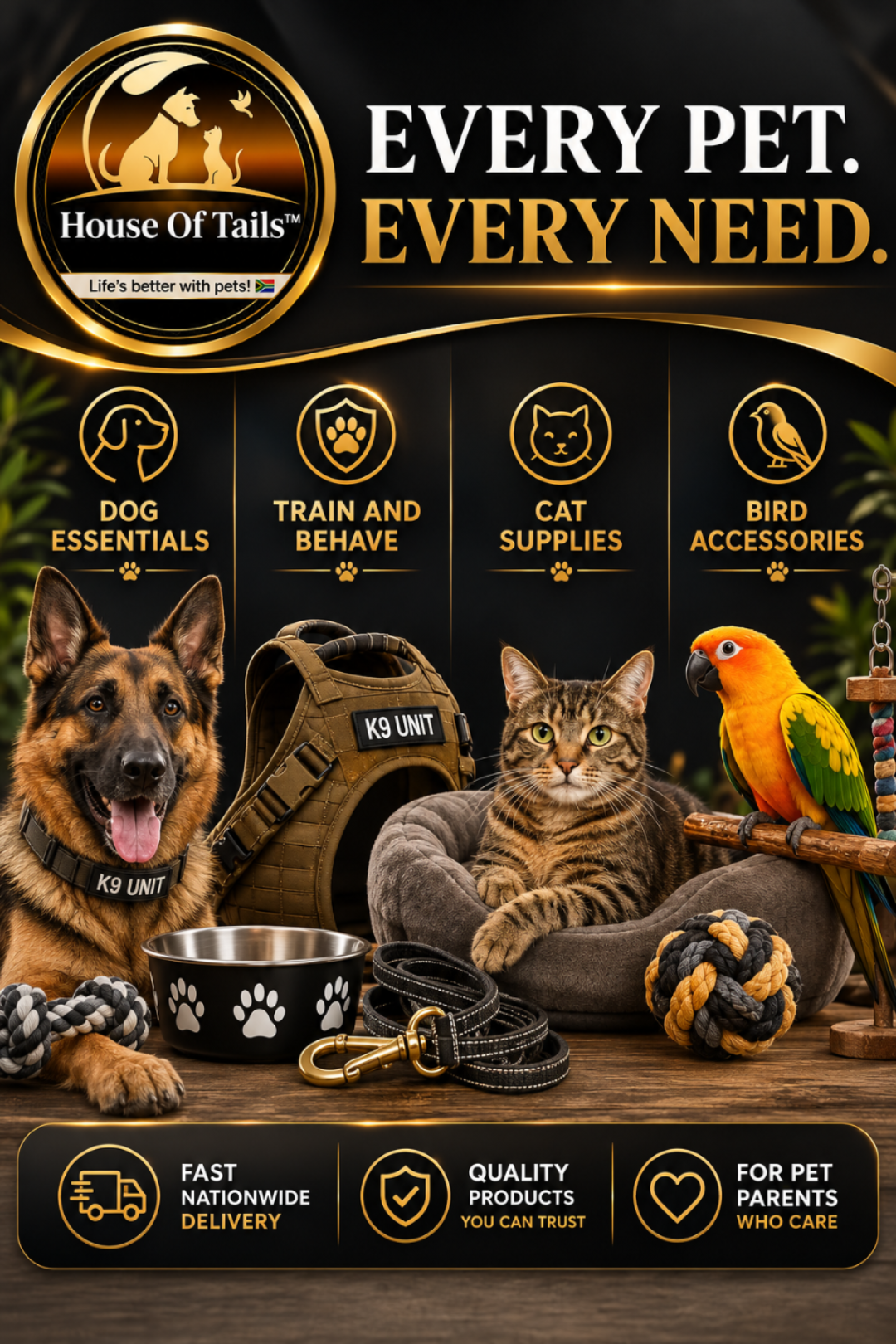 Promotional banner for House of Tails pet products, featuring a German Shepherd and a tabby cat with a parrot on a perch, surrounded by dog and cat accessories including a K9 vest, bowl, leash, rope, and toy. The background is dark with gold text reading 'EVERY PET.
