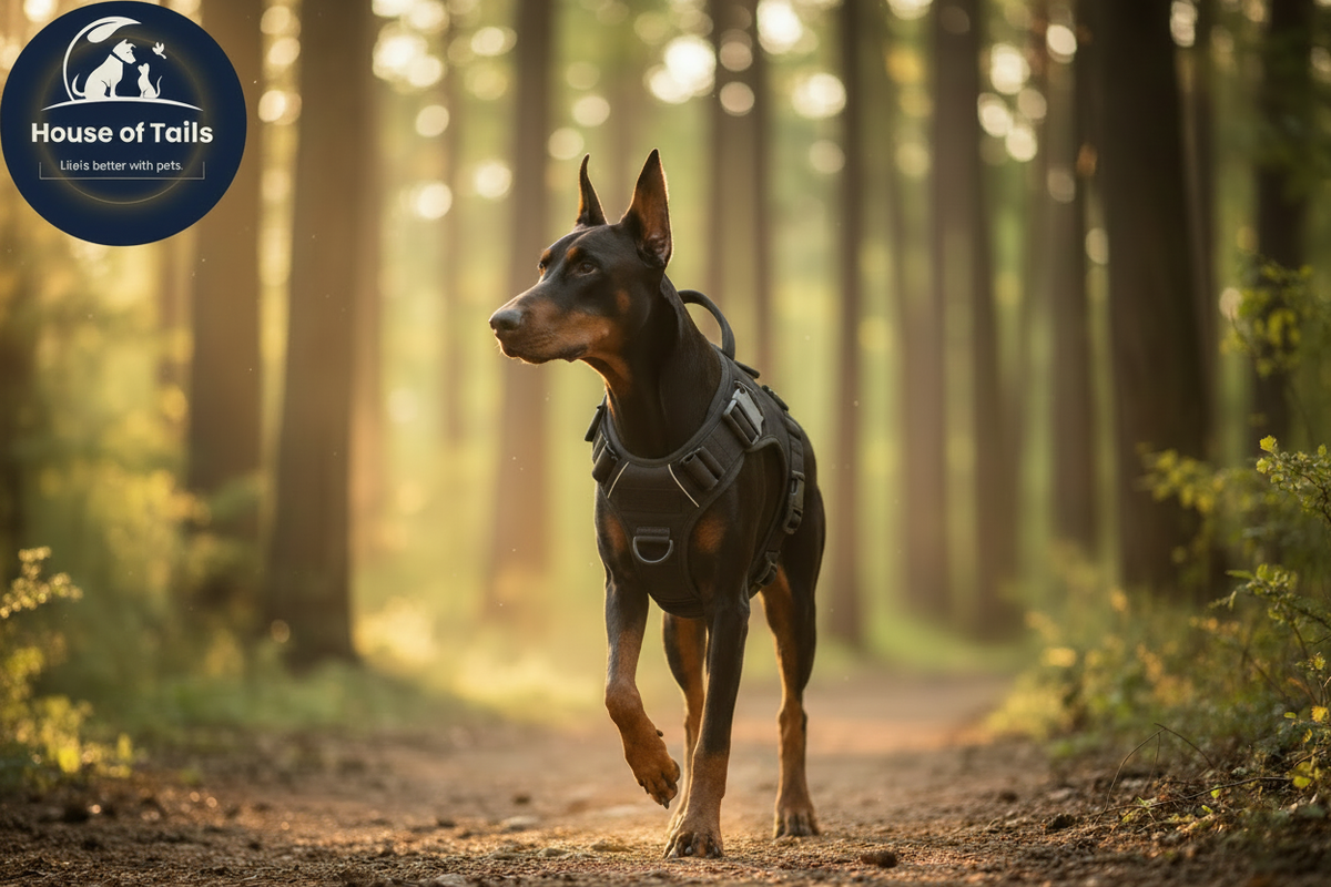 Doberman with black harness on forest trail