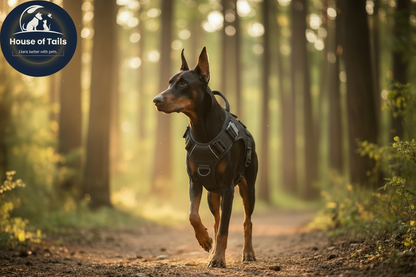Doberman with black harness on forest trail